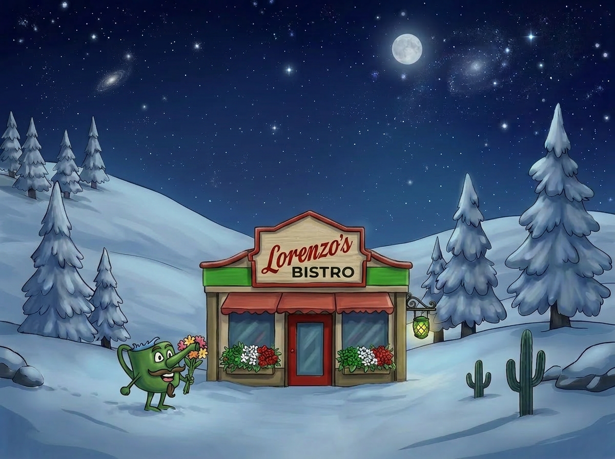 Lorenzo's Bistro at night — the flowers never sleep