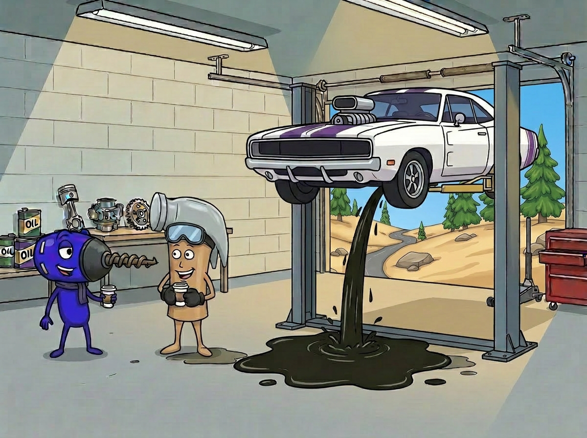 Inside Diesel's Garage — oil spill in progress, nobody has noticed