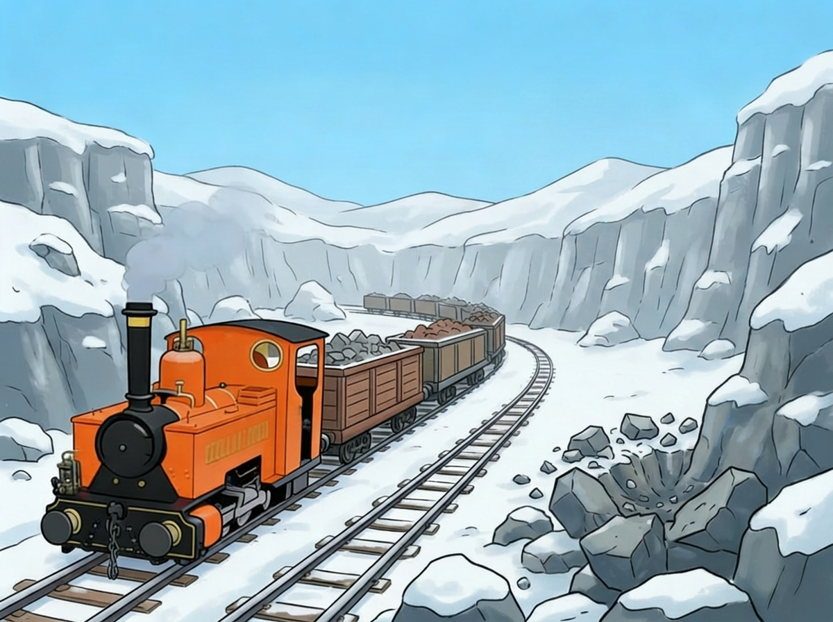 The orange train hauling rock out of the quarry
