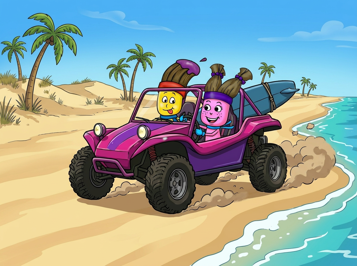 Roxie and the beach buggy — her natural habitat
